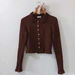 SOLD Sandro Chocolate Bordeaux Prunelle Smock Textured Button Front Ruffle Top